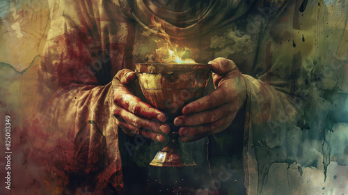 A digital illustration of hands holding the sacred chalice, reverent and graceful photo