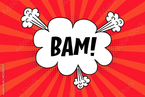 Speech bubble with expressive inscription bam, cloud and explosion in comic style on a bright red background. Banner in pop art style with halftone shadow, doodle element.