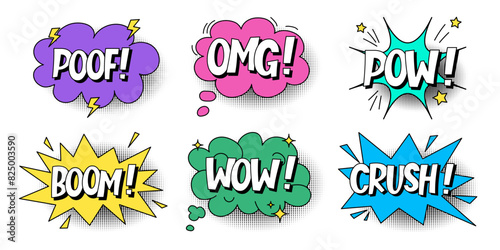 A set of multi-colored speech bubbles with expressive inscriptions, clouds and explosions in a comic style on a white background. Retro banner in pop art style with halftone shadows, doodle elements. 