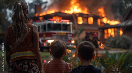 Family Watches Firefighters Battle House Fire. Seen from behind, watches their home engulfed in flames. A fire truck and firefighters in the background, working tirelessly to control the blaze.