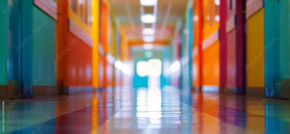 Blurred school hallway with colorful decoration, Concept of education and Back to School for abstract background design