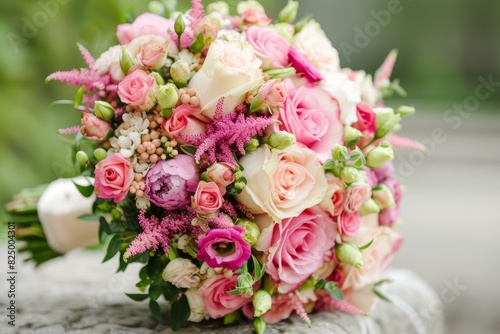 Beautiful bouquet with pink roses and mixed flowers arranged for a wedding
