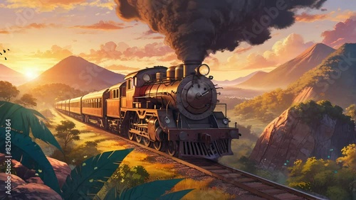 old locomotive train with beautiful sunset panorama photo