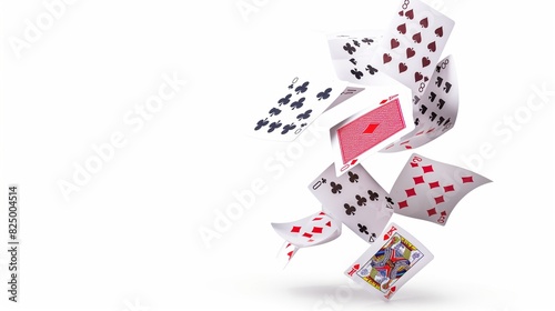 Dynamic playing cards suspended mid-air, isolated on white background with precise clipping path. 