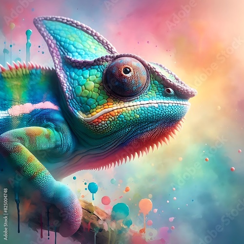 Rainbow Colour Chameleon closeup at paint splash background ,Chameleon Sitting ,nature ,reptile ,lizard ,dragon , animal ,green , branch ,illustration . © Zigma Arts