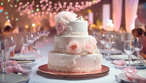 white an pastel pink cake on a table decorated for a celebration
