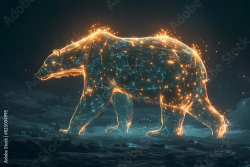 A bear is walking on a snowy surface with glowing lights surrounding it. The bear is lit up in a way that makes it look like it's walking through a starry sky. Scene is one of wonder and awe photo