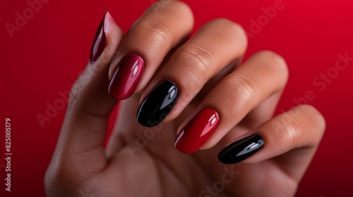 Close-up of a woman's hand with stylish, glossy red and black manicure on a vibrant red background showcasing modern nail art.