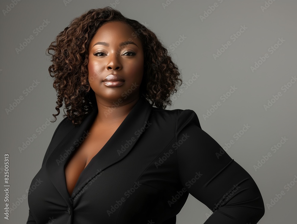 African American woman, plus size model in black business attire with curly hair, professional, gray background. African American woman, plus size model in black business attire with curly hair, professional, gray background.
