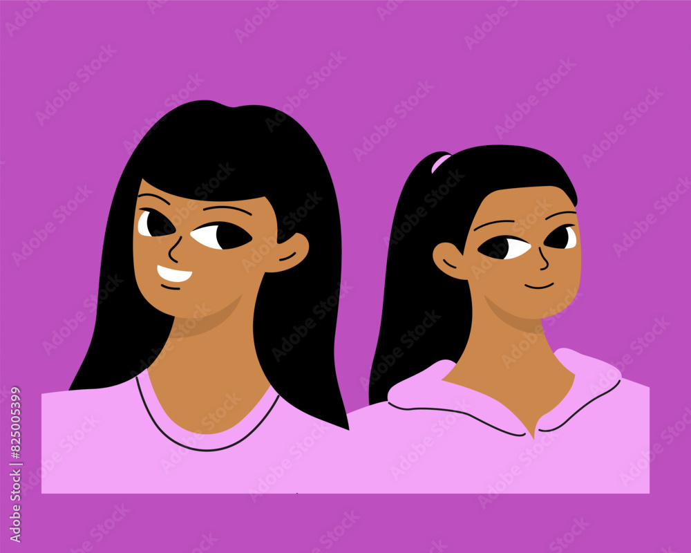 Couple of smiling black girls. Two friends, relatives or students are photographed. Isolated flat cartoon vector . Couple of smiling black girls. Two friends, relatives or students are photographed. Isolated flat cartoon vector .