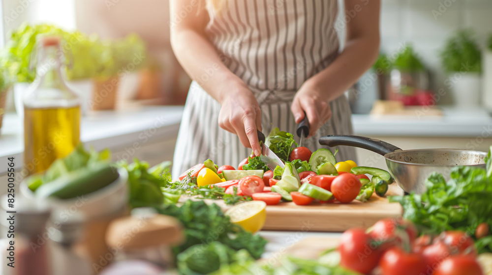 A person chopping vegetables and preparing a healthy meal in a bright kitchen. Dynamic and dramatic composition, with cope space A person chopping vegetables and preparing a healthy meal in a bright kitchen. Dynamic and dramatic composition, with cope space