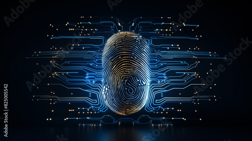 Digital fingerprint with electronic circuit lines on a dark background. Conceptual illustration. Cybersecurity and digital identity concept for design and print. Technology and data protection