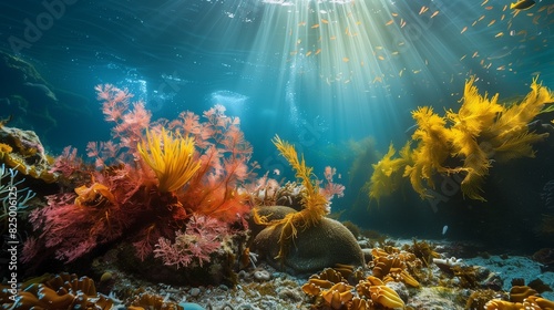 Vibrant anemones and colorful reef structures on the ocean bed with gentle water movement.  photo