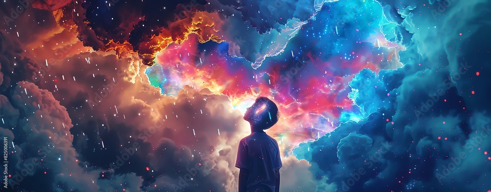A boy is standing under the rain, looking up at colorful clouds in his head. The background of sky and stars is full of water droplets, creating an atmosphere of fantasy. A soft light illuminates him A boy is standing under the rain, looking up at colorful clouds in his head. The background of sky and stars is full of water droplets, creating an atmosphere of fantasy. A soft light illuminates him