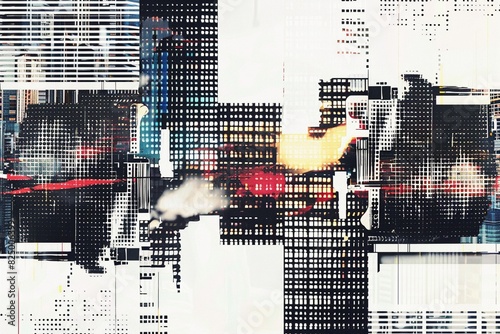 a cityscape intertwines with data streams and code, symbolizing the fusion of technology and modern life. The white background features pixelated textures, while fiery reds and orange photo