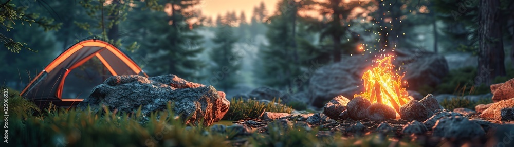 Camping fire with campfire in forest, tent and rocks in the background, summer camping trip adventure travel concept. Hiking activity near bonfires, nature landscape Camping fire with campfire in forest, tent and rocks in the background, summer camping trip adventure travel concept. Hiking activity near bonfires, nature landscape