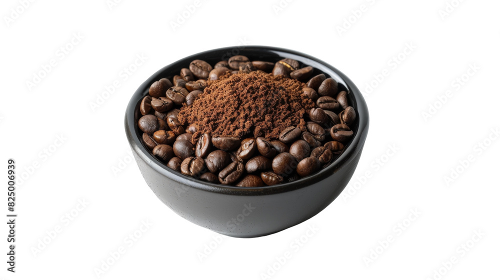 A bowl filled with a mix of whole coffee beans and finely ground coffee, ready for brewing A bowl filled with a mix of whole coffee beans and finely ground coffee, ready for brewing