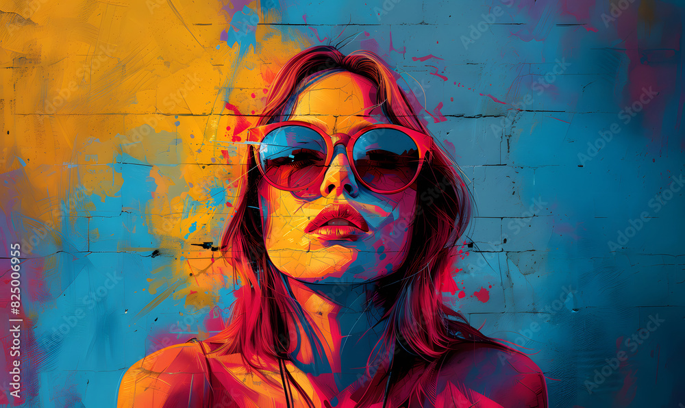 Vibrant street graffiti featuring a stylish woman wearing colorful sunglasses, blending urban art with expressive color splashes Vibrant street graffiti featuring a stylish woman wearing colorful sunglasses, blending urban art with expressive color splashes