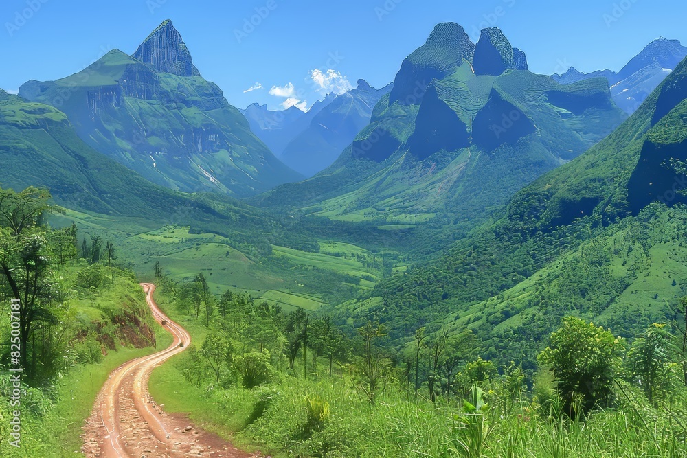 Fototapeta premium Dirt Road Cutting Through Lush Green Valley