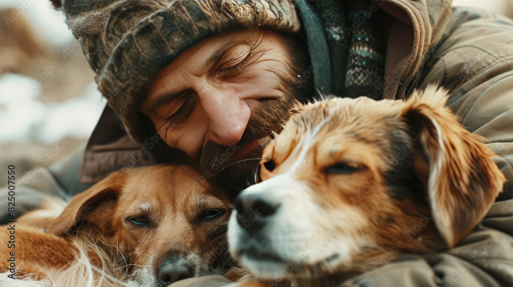 Abandoned dogs being cared for by a homeless man, showcasing companionship in hardship Abandoned dogs being cared for by a homeless man, showcasing companionship in hardship