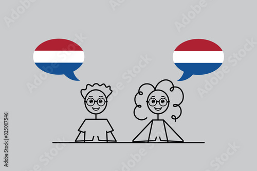 dutch speakers, cartoon boy and girl with speech bubbles in Netherlands flag colors, learning dutch language vector illustration