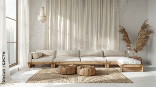 Airy minimalist Thai living room with bamboo furniture and light, flowing curtains.