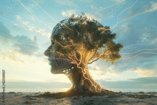 Tree of transformation man's head becomes a tropical paradise on the beach photo