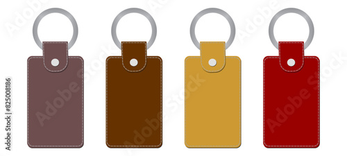 Leather keychains of different shapes, colorful keyring holders set with metal rings. Accessories or souvenir trinkets for home, car or office. Realistic 3d vector illustration