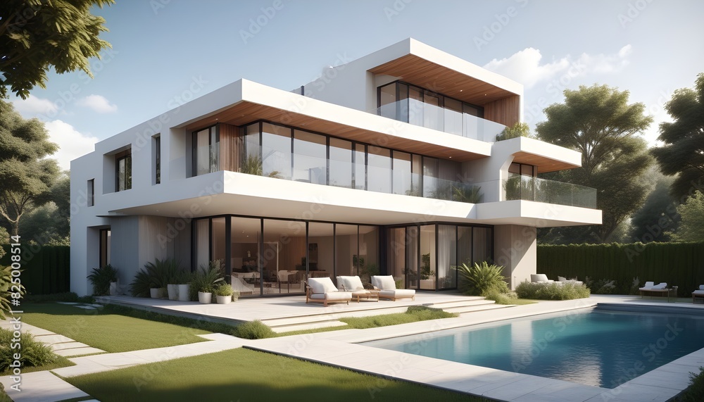 Fototapeta premium modern house with pool, Ideal concept inspiration for showcasing modern houses in business rentals, homes for sale, and advertisements focusing on luxury and contemporary design.