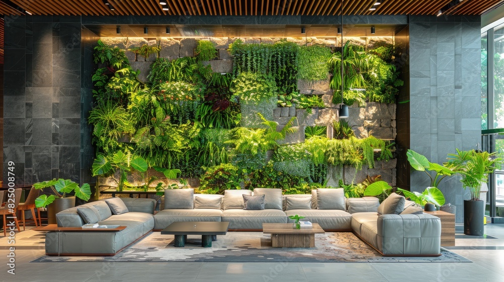 Naklejka premium Boutique hotel lobby with vertical gardens and natural stone floors.