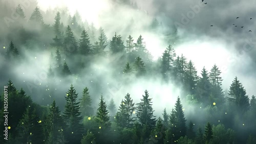 nature background illustration. fog rolling in over lush green forest. seamless looping overlay 4k virtual video animation background photo