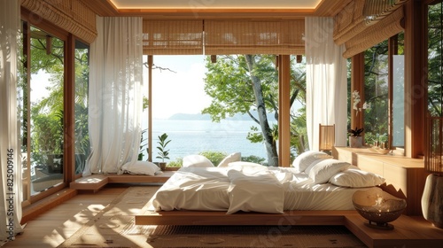 Bright and breezy minimalist Thai bedroom with wooden floors and white linens. photo