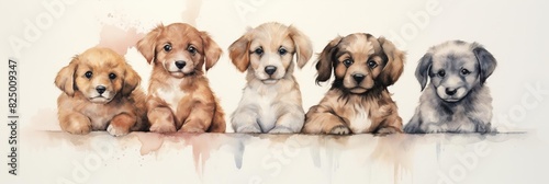 Watercolor nursery theme baby room, A group of cute puppies of different breeds sitting in a row against a white background