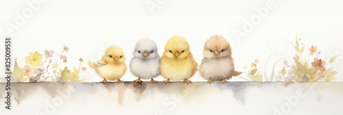 Watercolor nursery theme baby room, A row of four baby birds sitting on a branch with a white background. photo