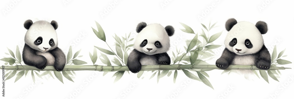 Watercolor nursery theme baby room, Cute cartoon pandas on a bamboo branch, watercolor style.
