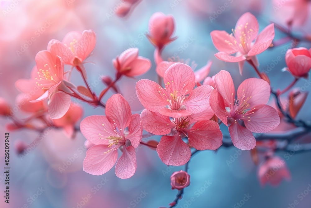 Close-up of vibrant pink cherry blossoms in full bloom against a dreamy blue background, showcasing the beauty of springtime nature.