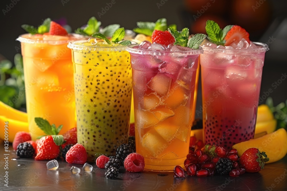 Colorful refreshing fruit drinks in plastic cups with ice and garnishes on a dark background, surrounded by fresh fruits. Colorful refreshing fruit drinks in plastic cups with ice and garnishes on a dark background, surrounded by fresh fruits.