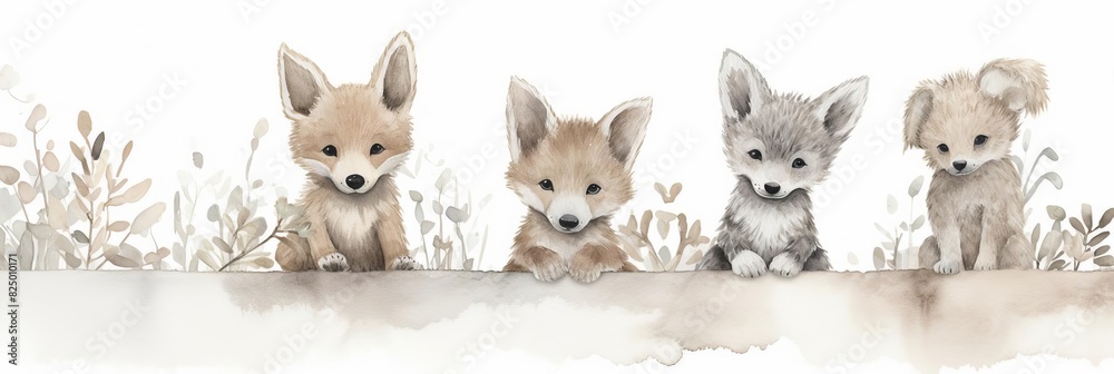 Fototapeta premium Watercolor nursery theme baby room, Cute watercolor baby animals. Little foxes in the meadow.