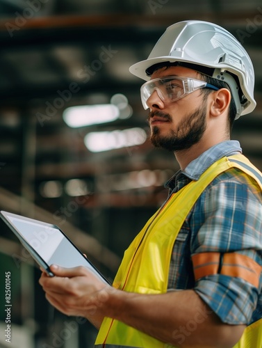 Engineer at construction site with digital tablet in his hand. He is in working clothes, safety helmet and safety glasses