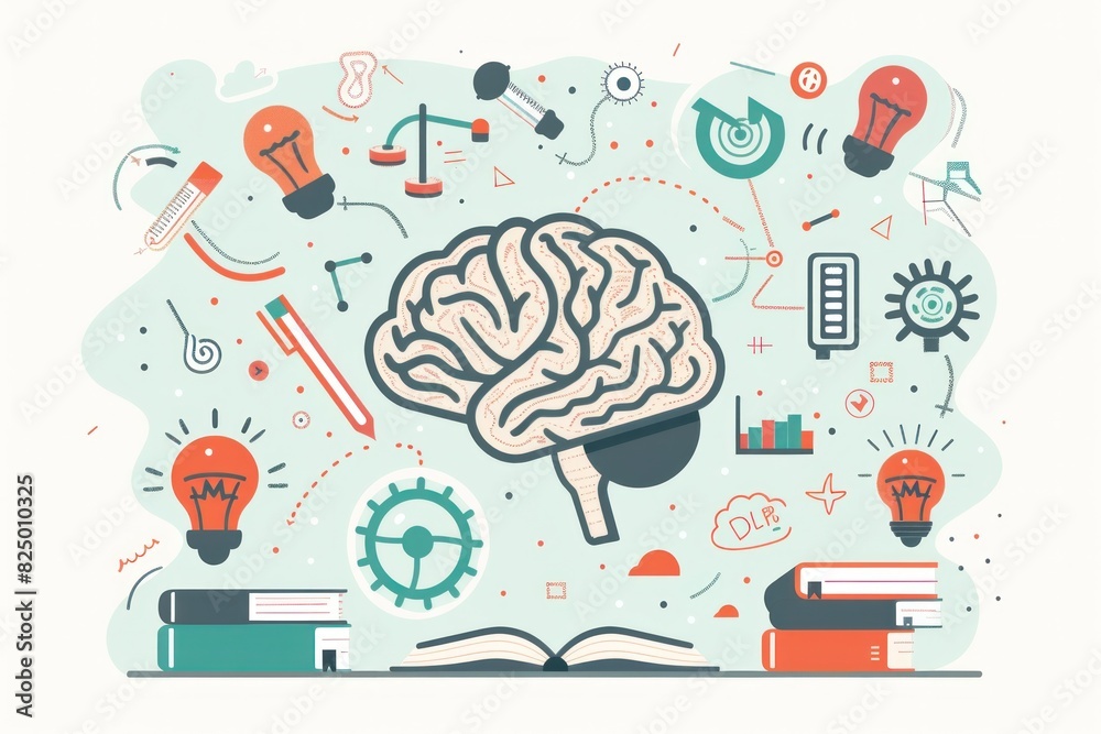 Illustration of a brain with educational icons like books, gears, and lightbulbs surrounding it Illustration of a brain with educational icons like books, gears, and lightbulbs surrounding it