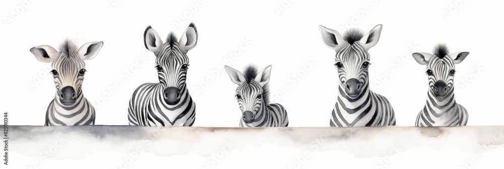Obraz premium Watercolor nursery theme baby room, Five curious zebra foals peeking over a ledge.