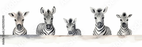 Watercolor nursery theme baby room  Five curious zebra foals peeking over a ledge.