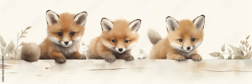 Watercolor nursery theme baby room, Four cute baby red fox kits isolated on white background Watercolor nursery theme baby room, Four cute baby red fox kits isolated on white background