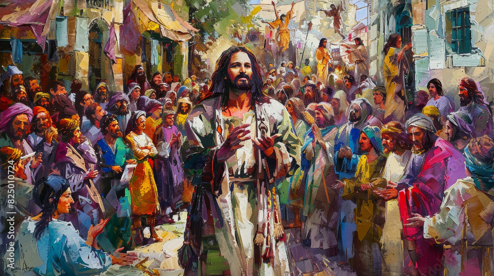 Naklejka premium A painting of Jesus performing a miracle, compassionate and serene expression, standing among a crowd