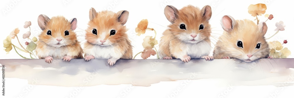 Watercolor nursery theme baby room, Four cute hamsters peeking out from behind a wooden fence, with flowers in the background. Watercolor nursery theme baby room, Four cute hamsters peeking out from behind a wooden fence, with flowers in the background.