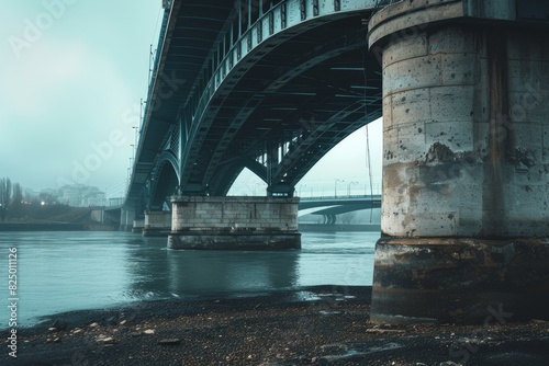 Atmospheric shot of a bridge over calm waters on a foggy day photo