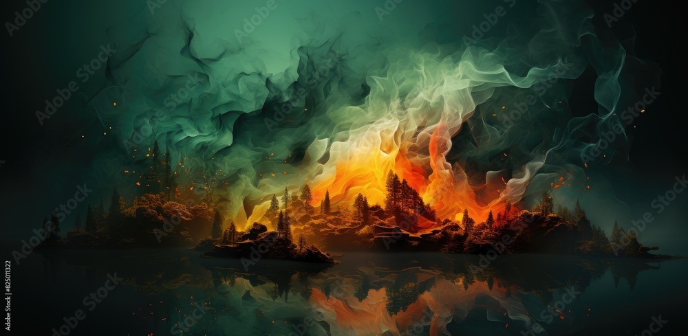 Surreal landscape with fiery, vivid colors and misty, ethereal atmosphere, creating a dramatic and otherworldly scene. Surreal landscape with fiery, vivid colors and misty, ethereal atmosphere, creating a dramatic and otherworldly scene.