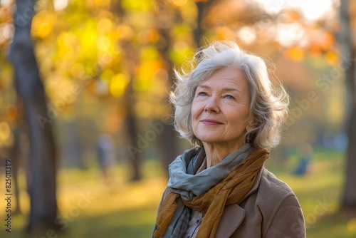 senior woman standing in park and looking away smiling portrait active retirement concept