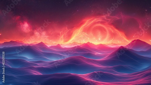Vibrant digital artwork of a surreal abstract landscape with bright neon colors and wavy formations under a cosmic sky. photo