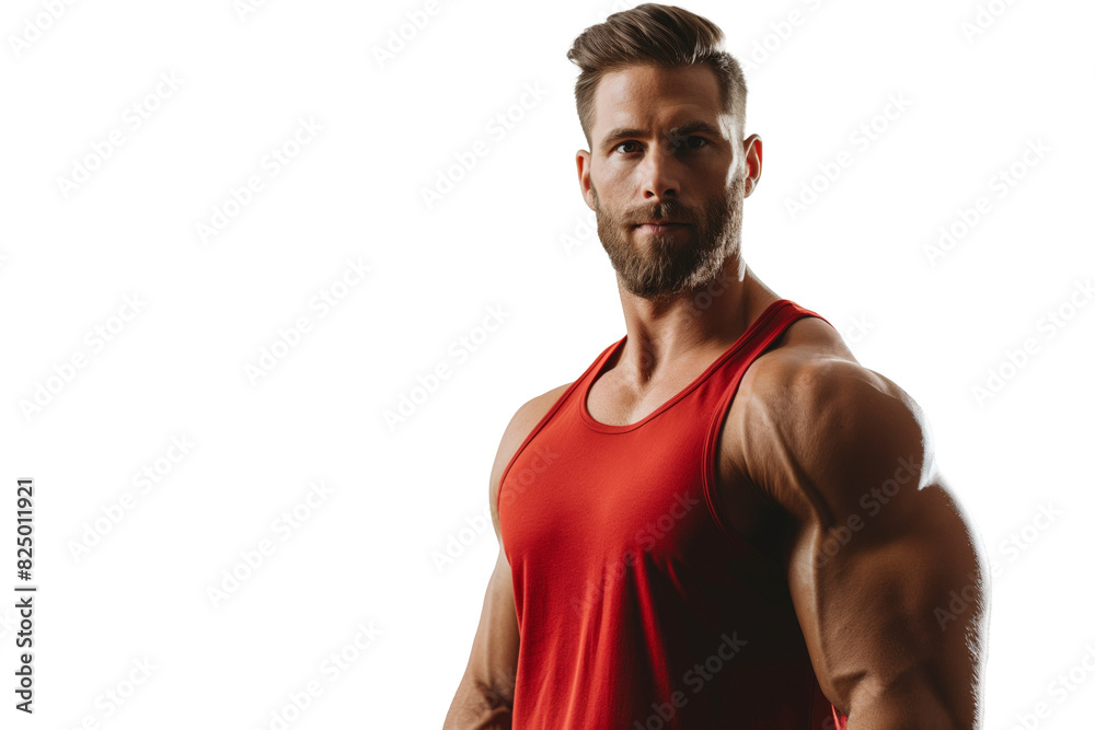 Muscular Bearded Man in Red Tank Top Posing Muscular Bearded Man in Red Tank Top Posing